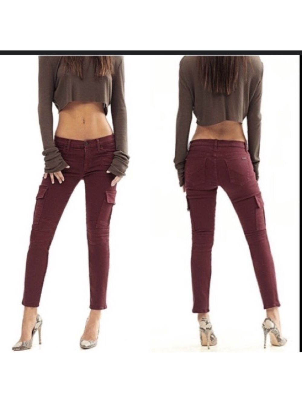 HUDSON JEANS COLBY ANKLE MOTO SLIM CARGO JEANS BURGUNDY WOMENS SIZE 25